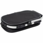 A collapsible black fabric basket with a sturdy silver metal frame, folded flat for storage. The basket features a black handle clipped across the center, highlighting its portability and space-saving design.