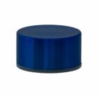 A round, cylindrical blue cap with a matte finish, viewed from a slight angle. It has a smooth surface with a flat top and appears to be made of plastic or metal.