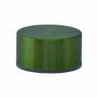 A metallic green cylindrical cap with a smooth and shiny surface, resting on a white background. The cap has a slightly reflective finish and a flat top.