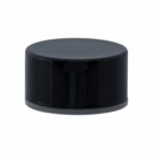 A glossy black plastic cap or lid, cylindrical in shape, placed on a white background. The top surface is flat, and its sides are smooth and reflective.