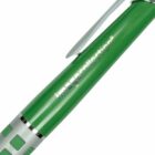 Close-up of a green pen with a silver clip and metallic grip. The words image collection are engraved on its side.
