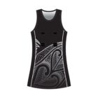 Black netball dress with silver tribal patterns and three Velcro patches on the front.