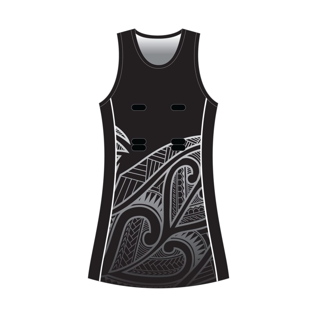 Black netball dress with silver tribal patterns and three Velcro patches on the front.