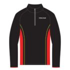Black long-sleeve athletic top with red and yellow side panels and a front zipper.