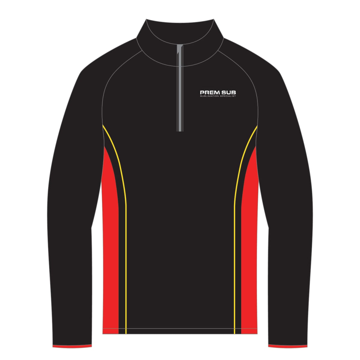 Black long-sleeve athletic top with red and yellow side panels and a front zipper.