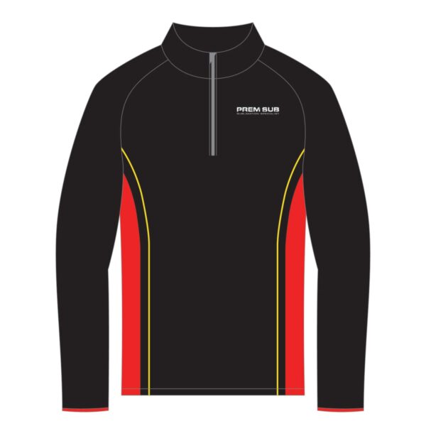 Black long-sleeve sports top with red and yellow side panels and a front zipper.