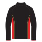 Black long-sleeve jacket with red and yellow side stripes, viewed from the back.