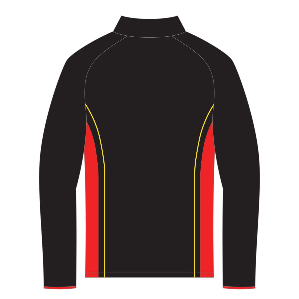 Black long-sleeve jacket with red and yellow side stripes, viewed from the back.