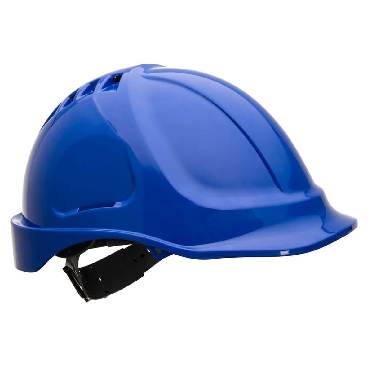 Blue hard hat with a smooth, glossy surface and ventilation slits on top. It has an adjustable black strap for fitting and a small brim at the front for additional protection.