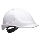 A white safety helmet with a black adjustable strap viewed from the side. It has a smooth surface with subtle grooves for design and ventilation.