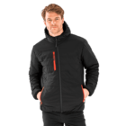A person wearing a black puffer jacket with a hood and orange zipper details, standing against a plain background. The jacket features two front pockets and one chest pocket, all with orange zippers. The person has hands in the front pockets.