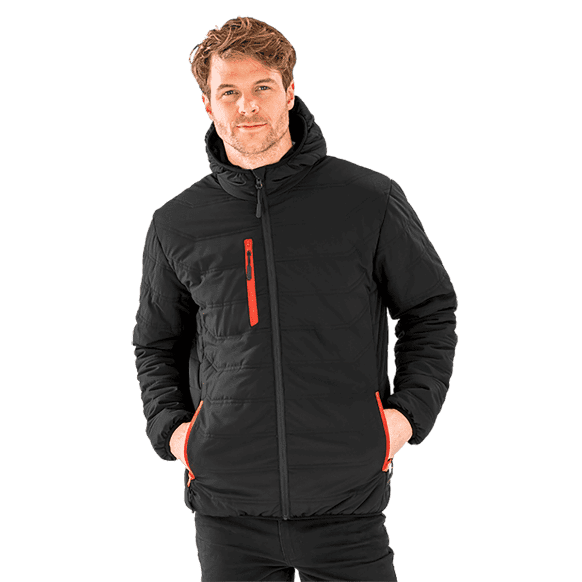A person wearing a black puffer jacket with a hood and orange zipper details, standing against a plain background. The jacket features two front pockets and one chest pocket, all with orange zippers. The person has hands in the front pockets.