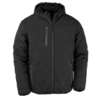 A black, hooded winter jacket with a quilted design. It features a zipper closure, two side pockets, and one vertical chest pocket. The material appears to be insulated for warmth.