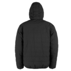 Back view of a black hooded puffer jacket, showcasing its quilted design and padded appearance. The jacket has a simple, plain look with no visible logos or patterns.