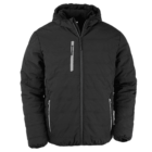 Black puffer jacket with a hood and front zipper closure. It features horizontal stitching and three zippered pockets—two at the bottom and one on the chest.