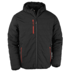 A black quilted jacket with a hood, featuring red zipper accents on the chest pocket and two side pockets. The jacket has a front zip closure and a casual, warm design suitable for cold weather.