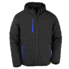 A black puffer jacket with a hood and blue zippers. It features a front zipper closure, a chest pocket, and two side pockets, all with blue accents. The jacket has a quilted design and appears warm and insulated.