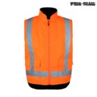 Bright orange high-visibility safety vest with reflective silver strips, black interior, and two front pockets. Labeled Work-Guard at the top right corner.