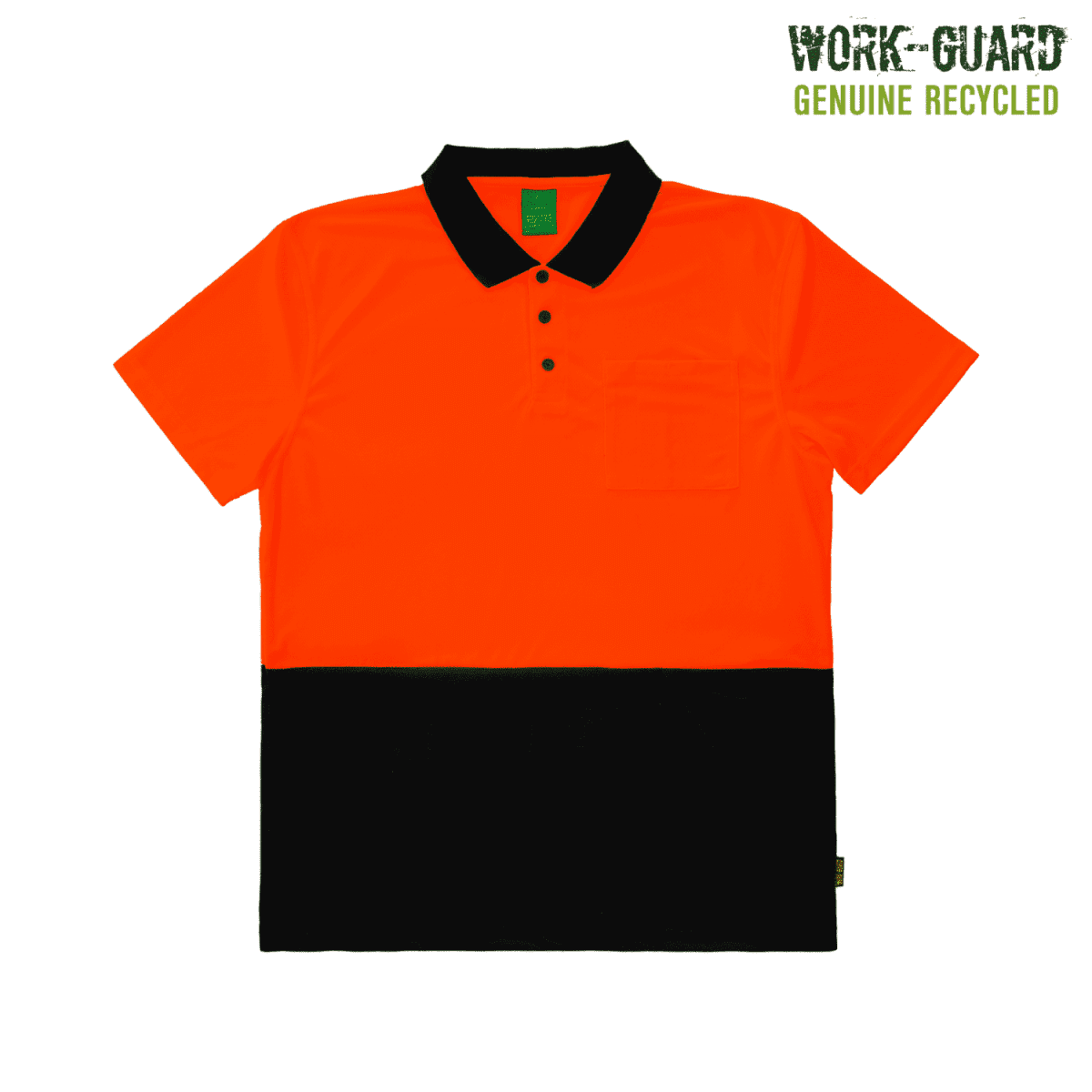 Bright orange and black color-blocked polo shirt with a black collar and three black buttons. Text in the top corner reads WORK-GUARD GENUINE RECYCLED.