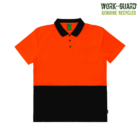Bright orange and black short-sleeve polo shirt with a front pocket and black collar. Work-Guard Genuine Recycled text is in the top right corner.
