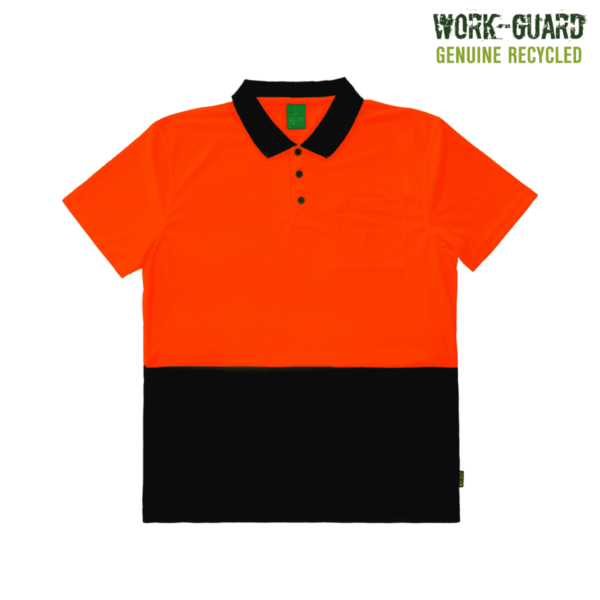Bright orange and black short-sleeve polo shirt with a front pocket and black collar. Work-Guard Genuine Recycled text is in the top right corner.