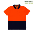 Bright orange and navy blue polo shirt with a collar and three buttons. The top half is orange, and the bottom half is navy blue. A chest pocket is visible. WORK-GUARD GENUINE RECYCLED text is in the upper right corner.