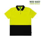 Bright yellow and black collared polo shirt, split horizontally in color with a black collar. Includes a chest pocket on the yellow section. Text in the top right corner reads WORK-GUARD GENUINE RECYCLED.