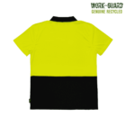 A yellow and black short-sleeve polo shirt is displayed on a green background. The top half is bright yellow, and the bottom half is black with a black collar. WORK-GUARD Genuine Recycled is printed in the top right corner.