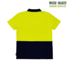 A short-sleeved, two-tone polo shirt with a bright yellow top half and a dark navy bottom half. The collar is also navy. The text WORK-GUARD GENUINE RECYCLED is displayed in the upper right corner.