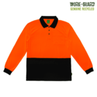 Long-sleeve polo shirt with a bright orange top half and black bottom half. Features a chest pocket and black collar with buttons. Work-Guard Genuine Recycled text in the top right corner.