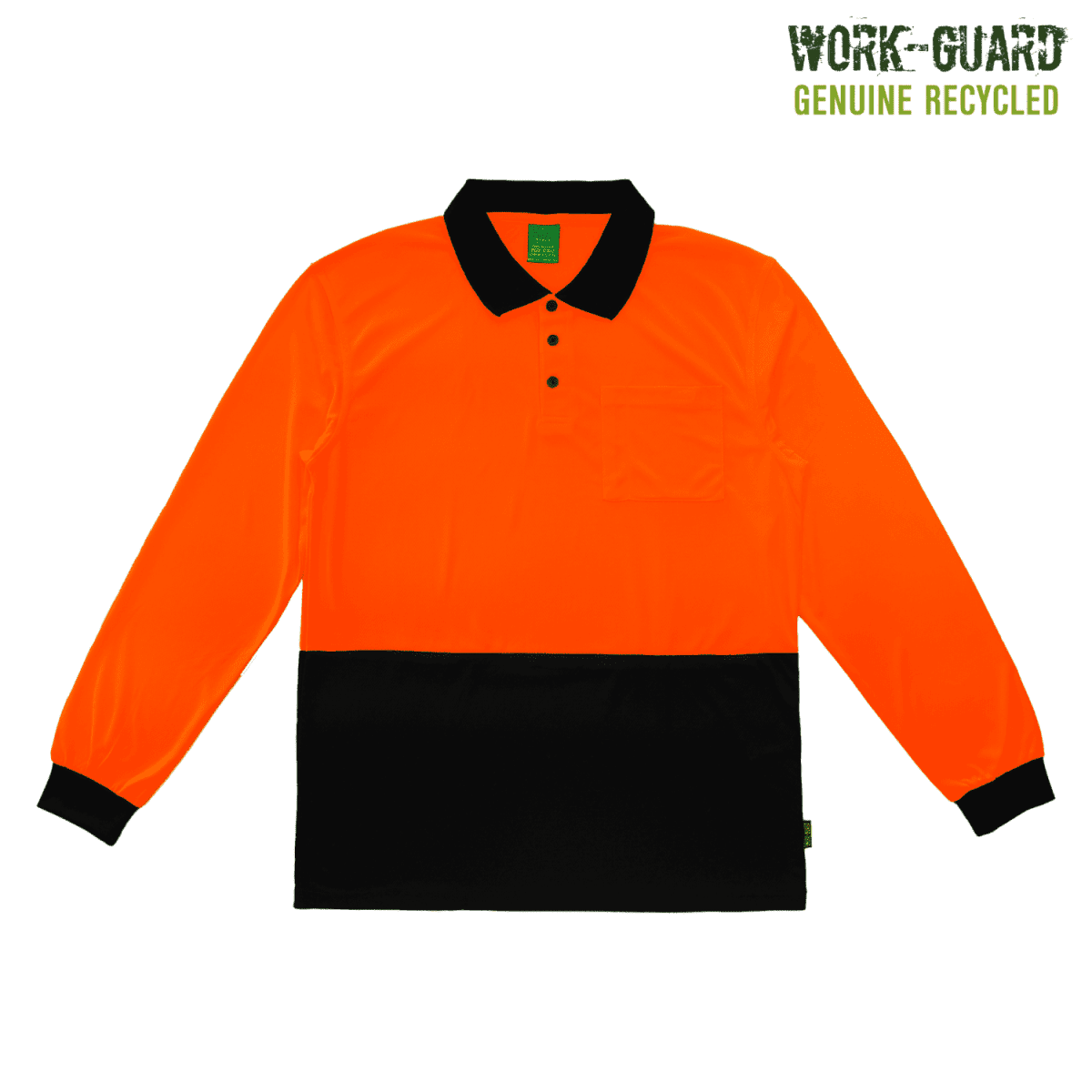 Long-sleeve polo shirt with a bright orange top half and black bottom half. Features a chest pocket and black collar with buttons. Work-Guard Genuine Recycled text in the top right corner.