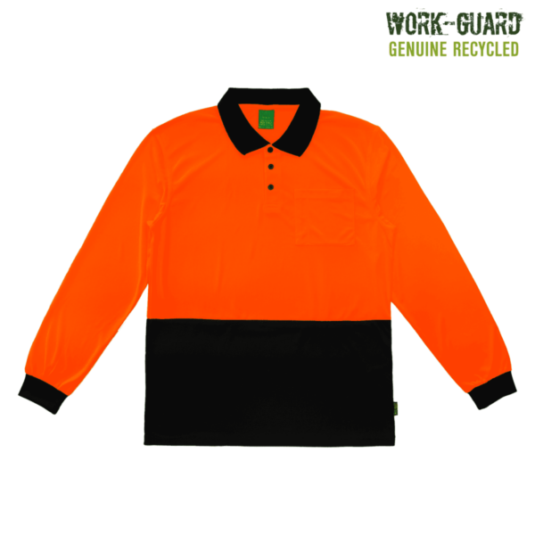 Long-sleeved orange and black polo shirt with a front chest pocket. It features a collar with buttons and is part of the Work-Guard Genuine Recycled collection, as indicated by text in the top right corner.