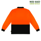 High-visibility jacket with an orange top half and black bottom half, designed for safety. The text Work-Guard Genuine Recycled is in the upper right corner. The jacket has black cuffs and a collar, displayed against a green background.