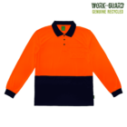 Bright orange and black long-sleeve polo shirt with a collar and buttons. Features a front pocket and is designed for high visibility. Upper part is orange, and lower part is black. Labeled Work-Guard Genuine Recycled in the top corner.