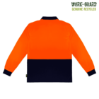 Orange and black long-sleeve work shirt, with a vibrant orange upper half and black lower half, cuffs, and collar. Work-Guard Genuine Recycled branding in the top right corner. The shirt is on a plain green background.
