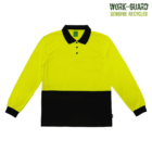 Yellow and black long-sleeve polo shirt with a front pocket. WORK-GUARD GENUINE RECYCLED logo is visible in the top right corner. The shirt features a button-up collar and black cuffs.