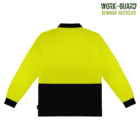 A long-sleeve, high-visibility jacket with a bright yellow upper section and black lower section. It features a black collar and cuffs, with Work-Guard Genuine Recycled text visible in the top right corner.