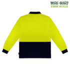 Back view of a long-sleeve polo shirt with a bright yellow upper section and dark blue lower section. The shirt features a dark blue collar and cuffs. The text WORK-GUARD appears in the upper right corner.