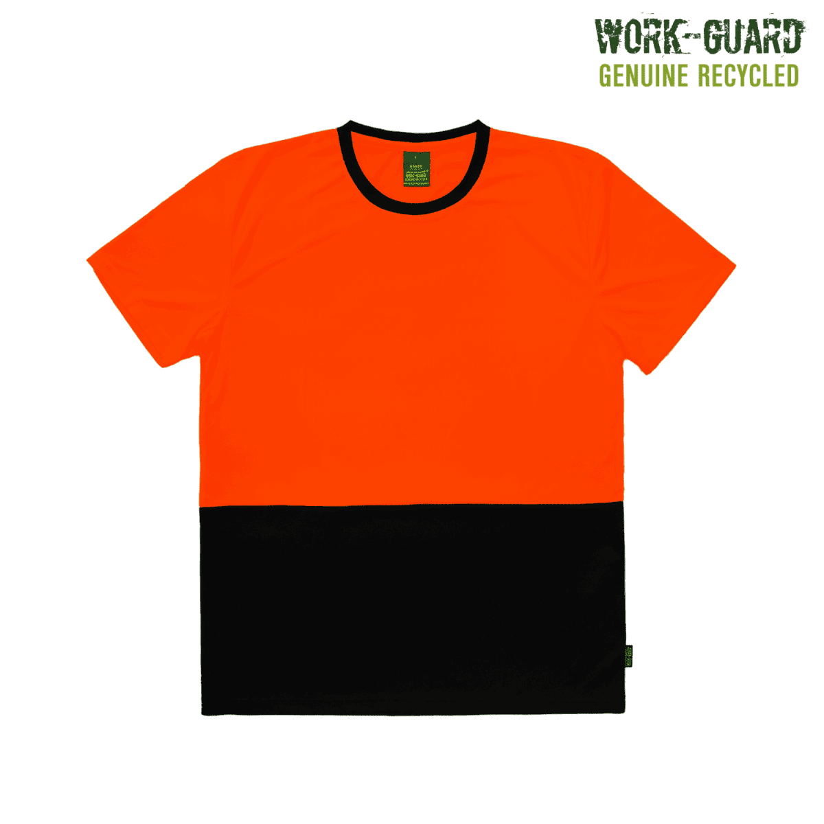 Bright orange and black color-blocked T-shirt on a plain background. The top half is orange, and the bottom half is black. The T-shirt has a black collar. Text reads WORK-GUARD GENUINE RECYCLED in the corner.