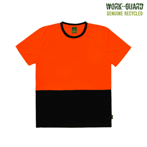 Bright orange and black color-blocked T-shirt with a green tag inside the neck. The upper two-thirds is orange, and the lower third is black. WORK-GUARD Genuine Recycled text in the top right corner.