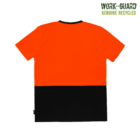 The image shows a short-sleeved T-shirt with a bright orange upper half and a black lower half. A logo in the top right reads WORK-GUARD GENUINE RECYCLED.
