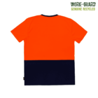 Bright orange and dark blue color-blocked T-shirt on a green background. WORK-GUARD GENUINE RECYCLED text in the top right corner.