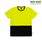Bright yellow and black t-shirt with a small tag on the bottom left side. The top half is yellow, and the bottom half is black. The words WORK-GUARD GENUINE RECYCLED are written in the top right corner.