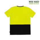 A short-sleeved, bright yellow and black workwear shirt displayed flat against a green background. The shirt has a black band covering the bottom third. The words WORK-GUARD GENUINE RECYCLED are in the top right corner.