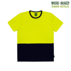 A yellow and black short-sleeve t-shirt with a bold color block design. The top half is bright yellow, and the bottom half is black. Theres a label at the neckline and a Work-Guard Genuine Recycled logo in the upper right corner.