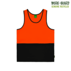 Bright orange and black sleeveless polyester vest with the brand label visible. The upper half is orange, while the lower half is black. It includes text in the top right corner: Work-Guard Genuine Recycled.