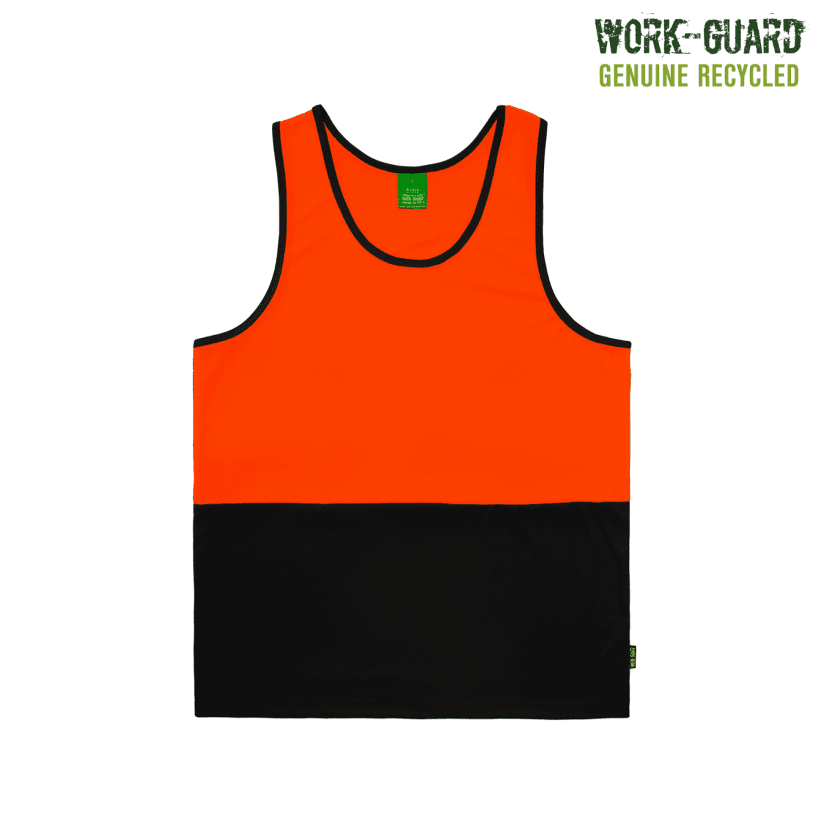 Bright orange and black sleeveless polyester vest with the brand label visible. The upper half is orange, while the lower half is black. It includes text in the top right corner: Work-Guard Genuine Recycled.