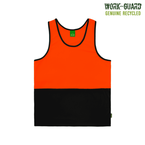 Orange and black sleeveless vest with a green label on the collar. Text in the upper right corner reads Work-Guard Genuine Recycled.