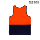 A high-visibility sleeveless vest with a bright orange top half and a dark blue bottom half. WORK-GUARD and GENUINE RECYCLED text are printed at the top right corner.