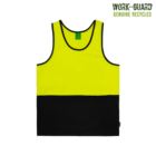 A sleeveless high-visibility safety tank top with a bright yellow upper section and black lower section. It features the text Work-Guard Genuine Recycled in the top right corner.